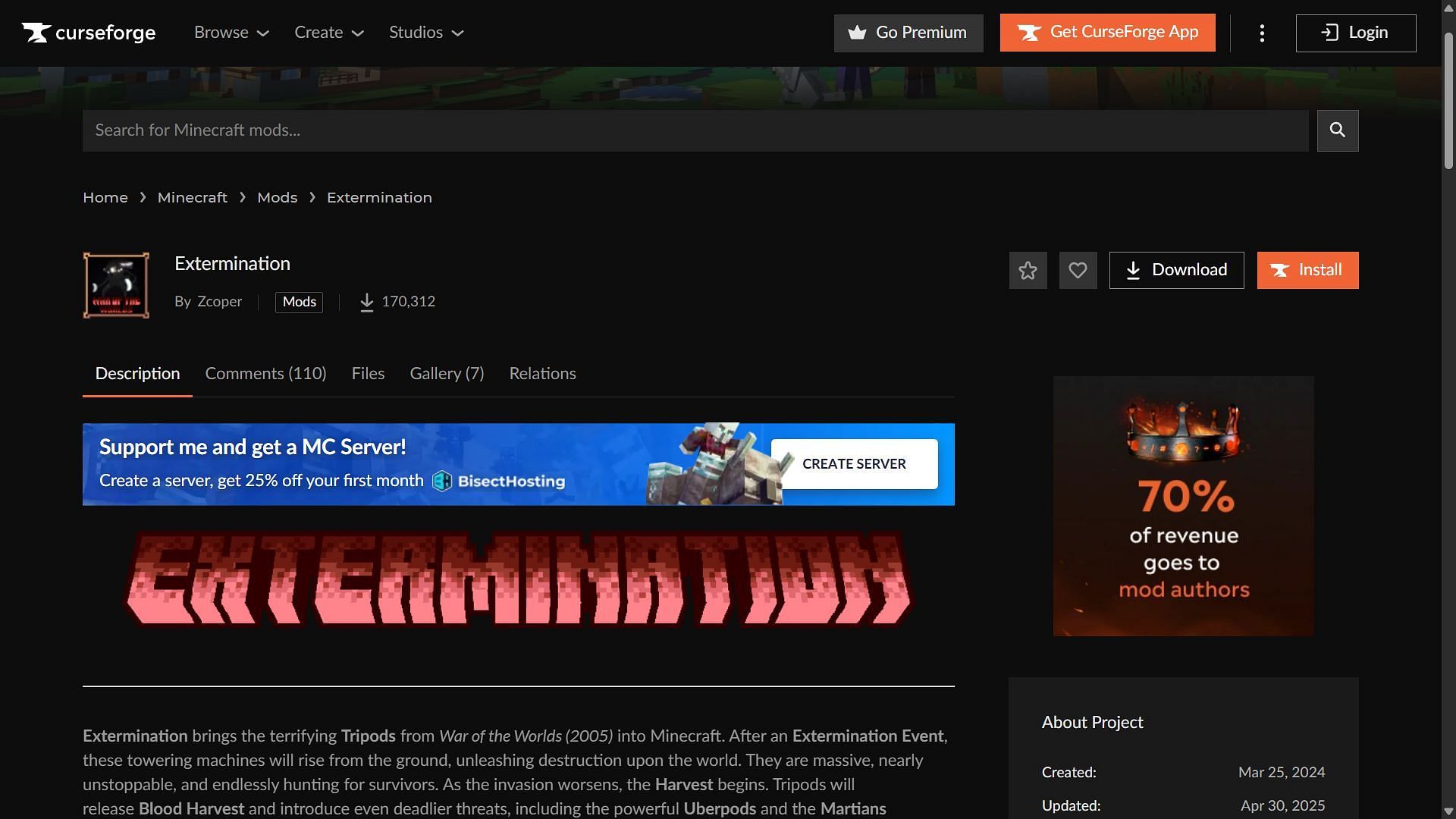 Extermination mod can be downloaded from the CurseForge website (Image via CurseForge)